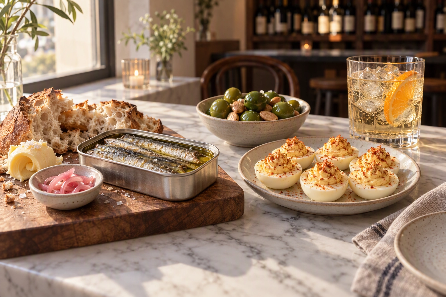 Tinned fish service, deviled eggs and olives with vermouth and soda on marble, no-cook wine bar menu ideas