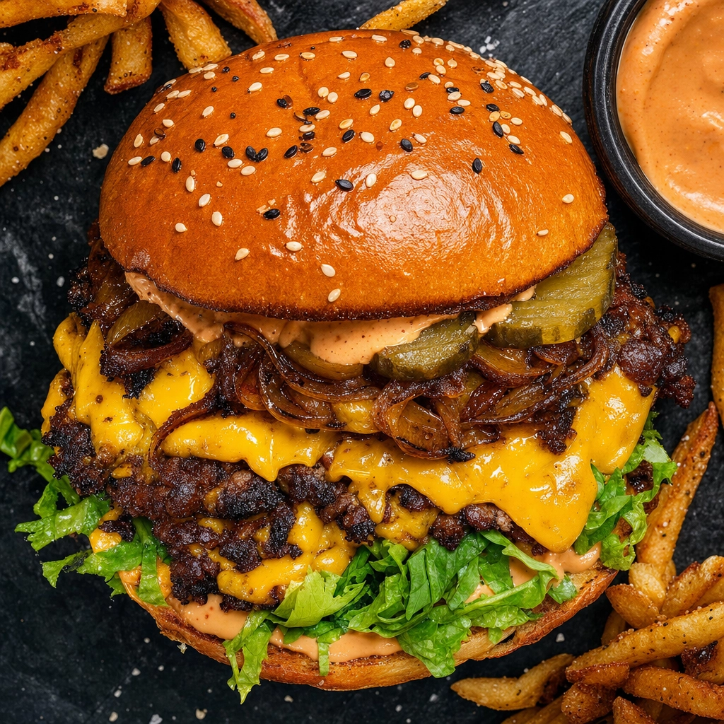 High-contrast overhead smashburger styled for a delivery app thumbnail, showing delivery-optimized AI food photos