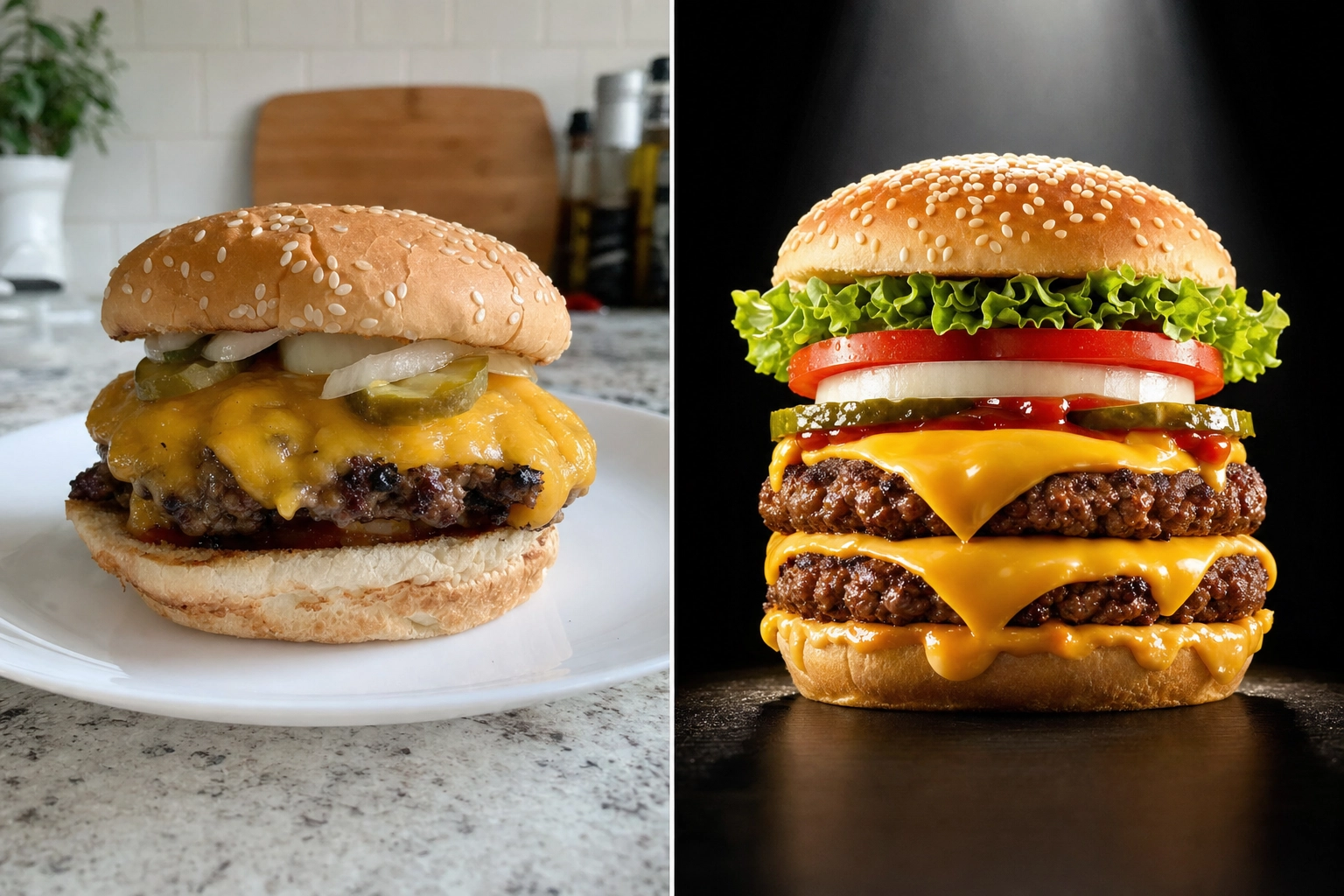 Side-by-side comparison of a real cheeseburger photo versus an over-idealized AI-generated burger showing enhancement vs generation