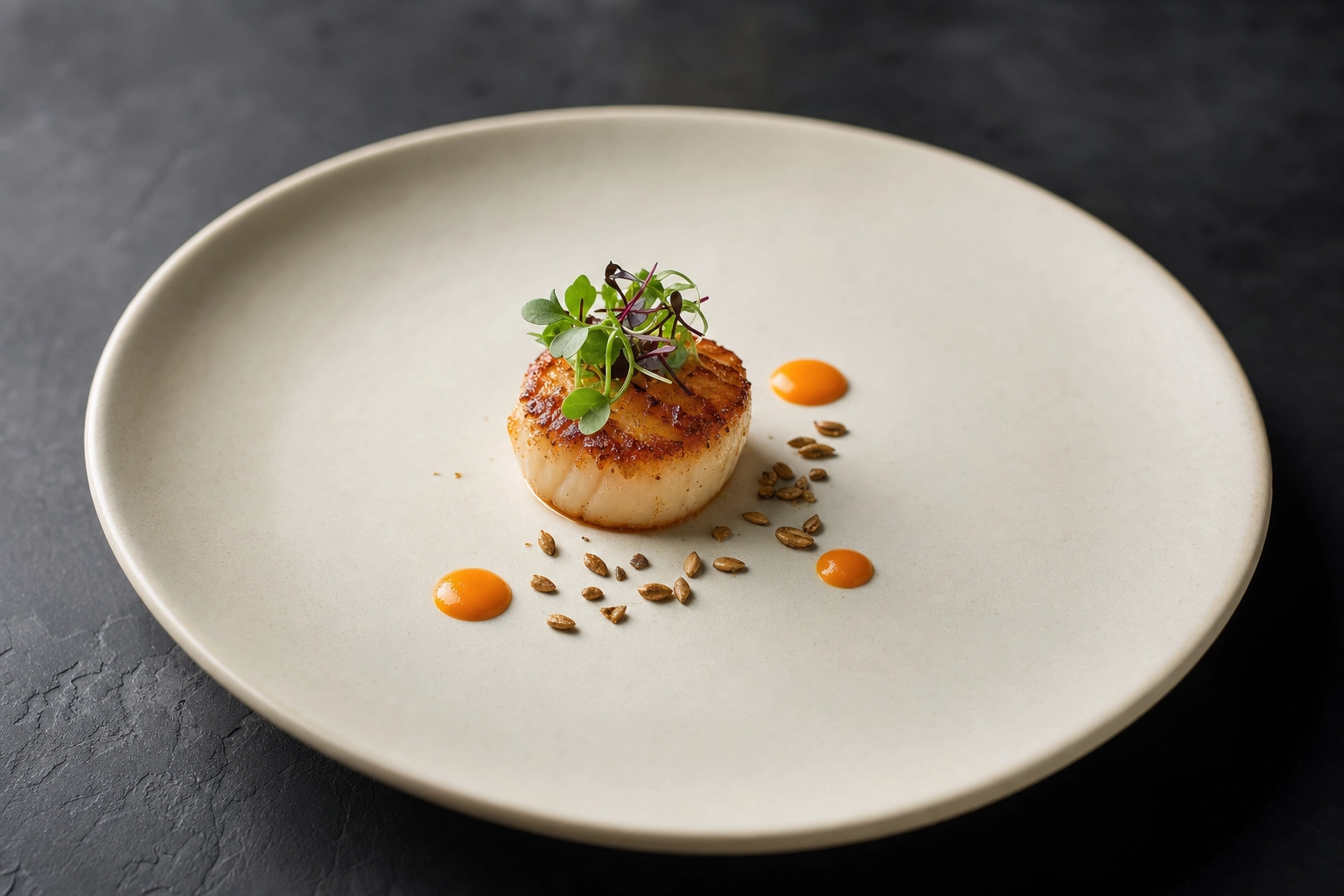 Minimalist fine-dining plated scallop with microgreens on a cream plate, showing menu-safe AI enhancement for upscale restaurants