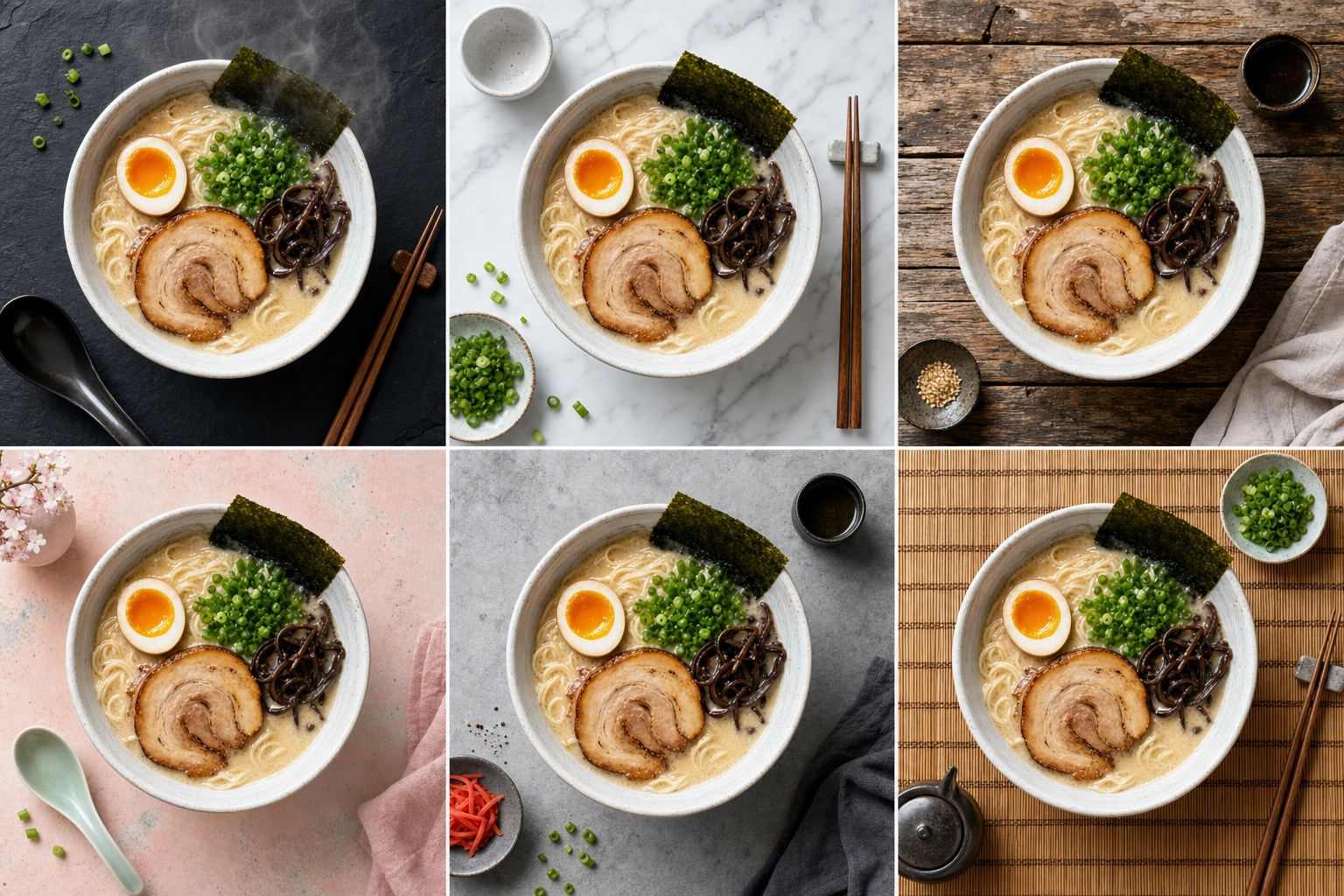 Overhead grid of the same ramen bowl styled six different ways, showing a wide library of AI food photo styles