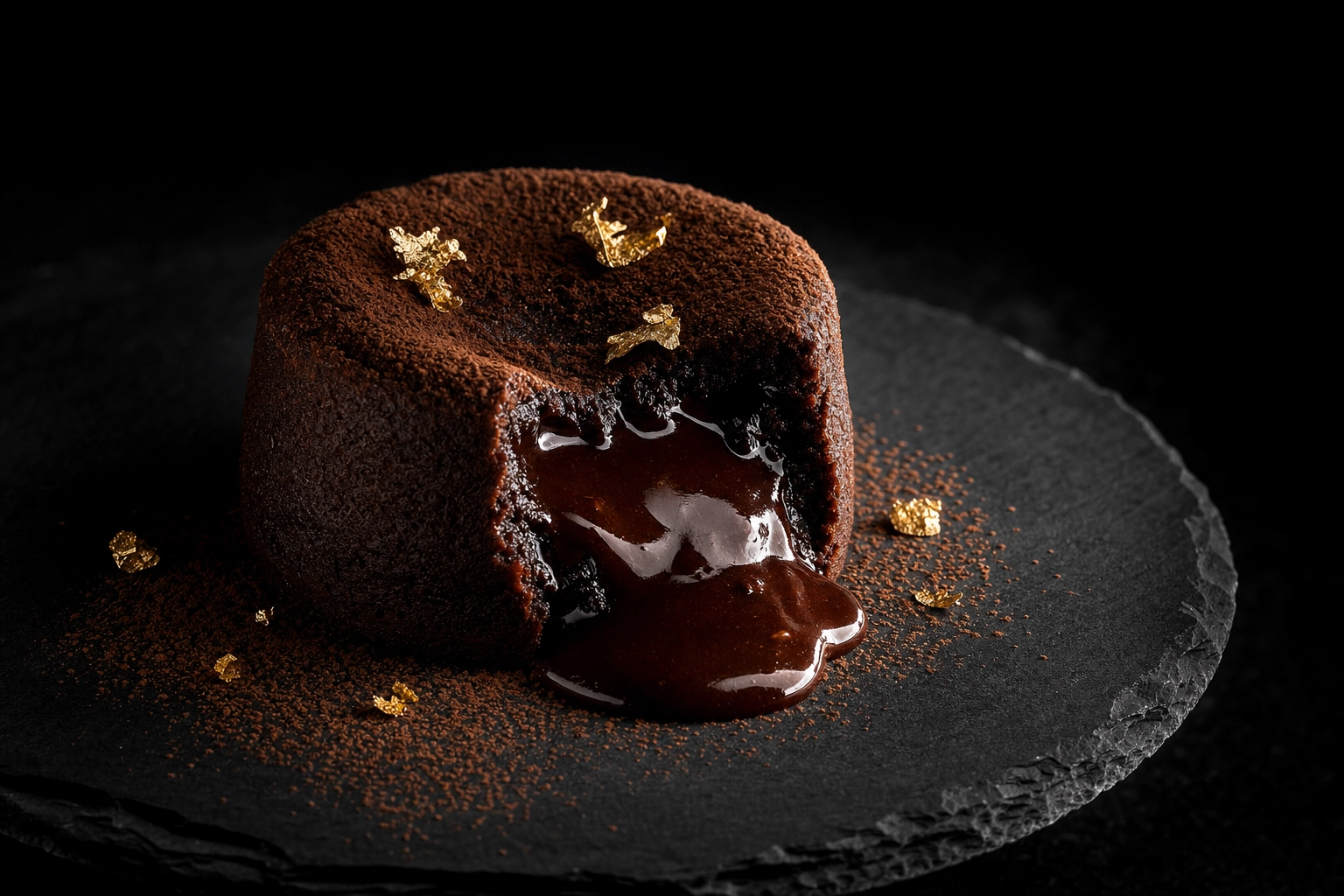 Dramatic spotlit molten chocolate lava cake on dark slate, representing aspirational AI-generated marketing food imagery