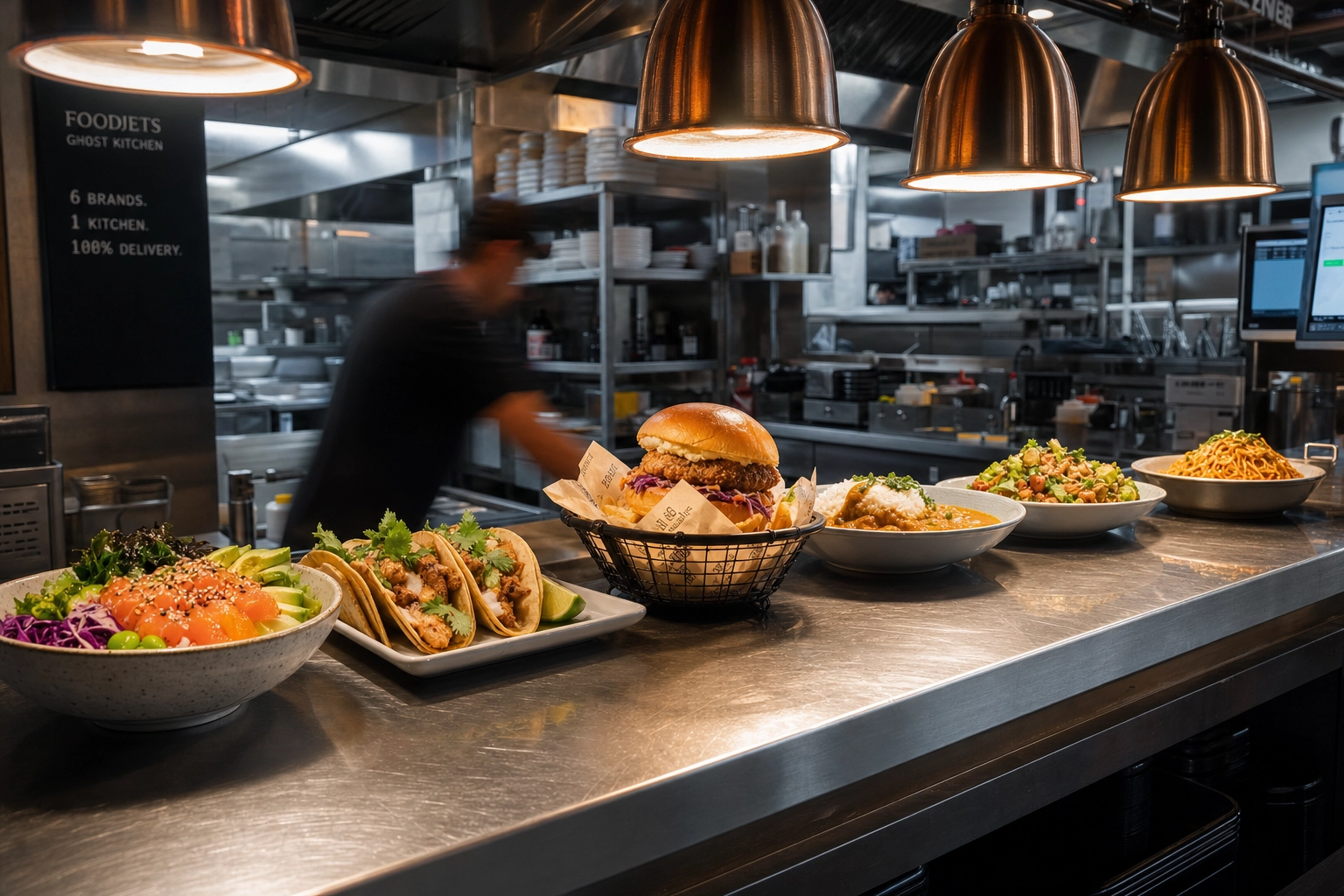 Row of plated dishes lined up on a stainless steel ghost kitchen pass, illustrating batch processing for menu photos