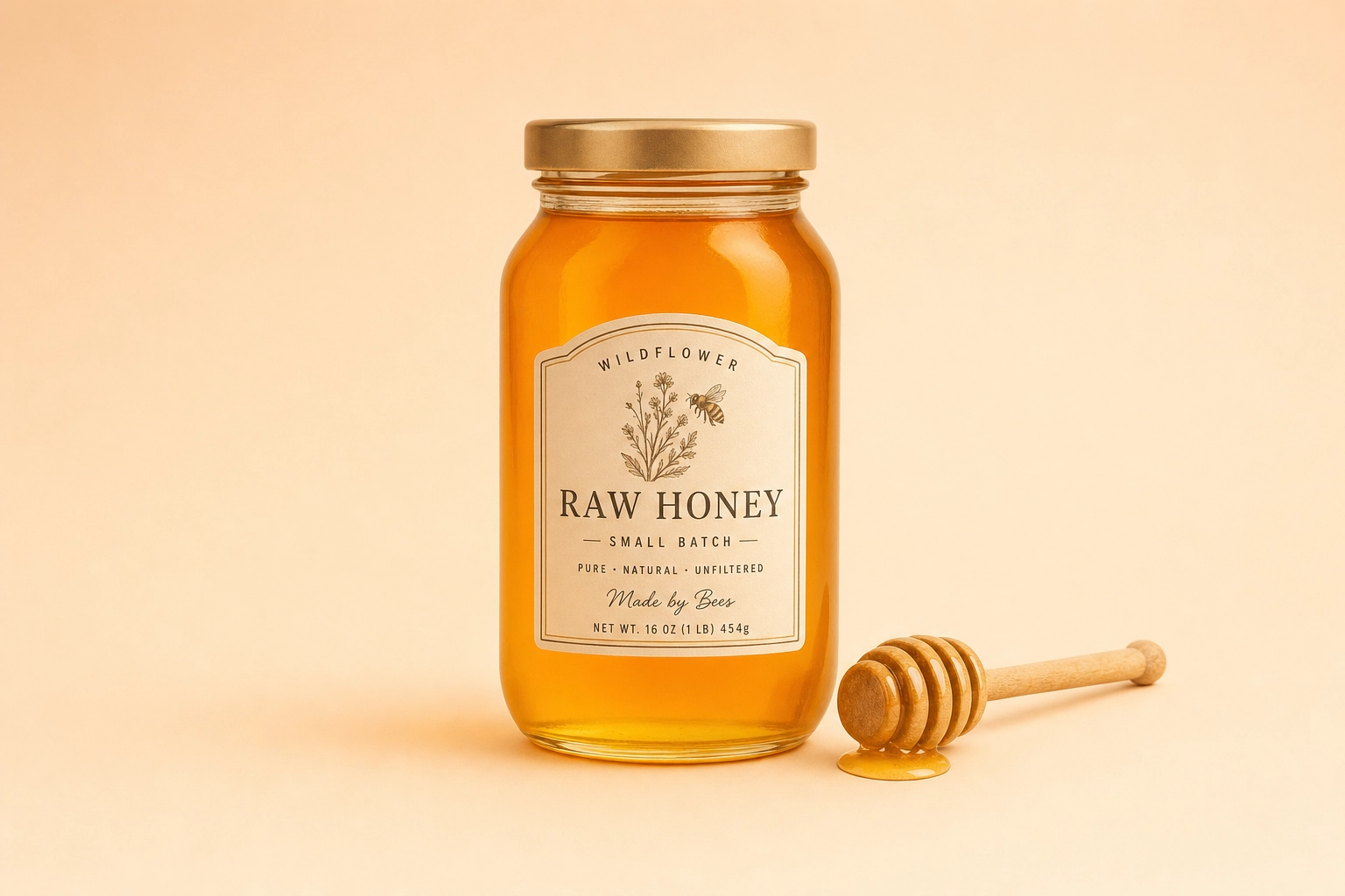 Minimal studio product shot of an artisan honey jar on a pastel backdrop, showing general product photo editor crossover use