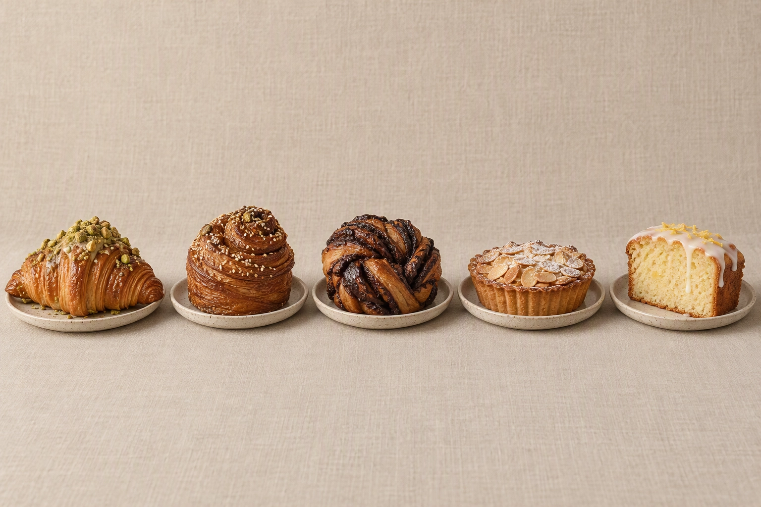 Five pastries on identical speckled plates against one oat linen backdrop, the consistent style of the best bakery websites
