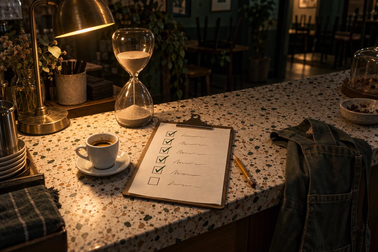 Sand hourglass beside a six-box ticked checklist and an espresso on a cafe counter, a quick cafe website audit
