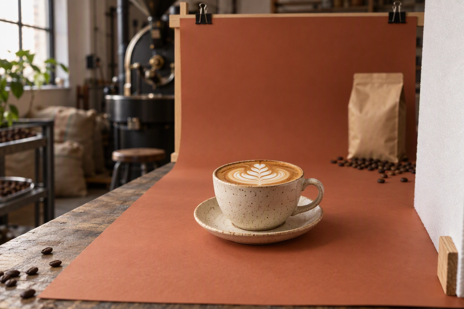 Cappuccino shot on a terracotta backdrop with the bean bag pushed aside, the drink photo most coffee sites skip
