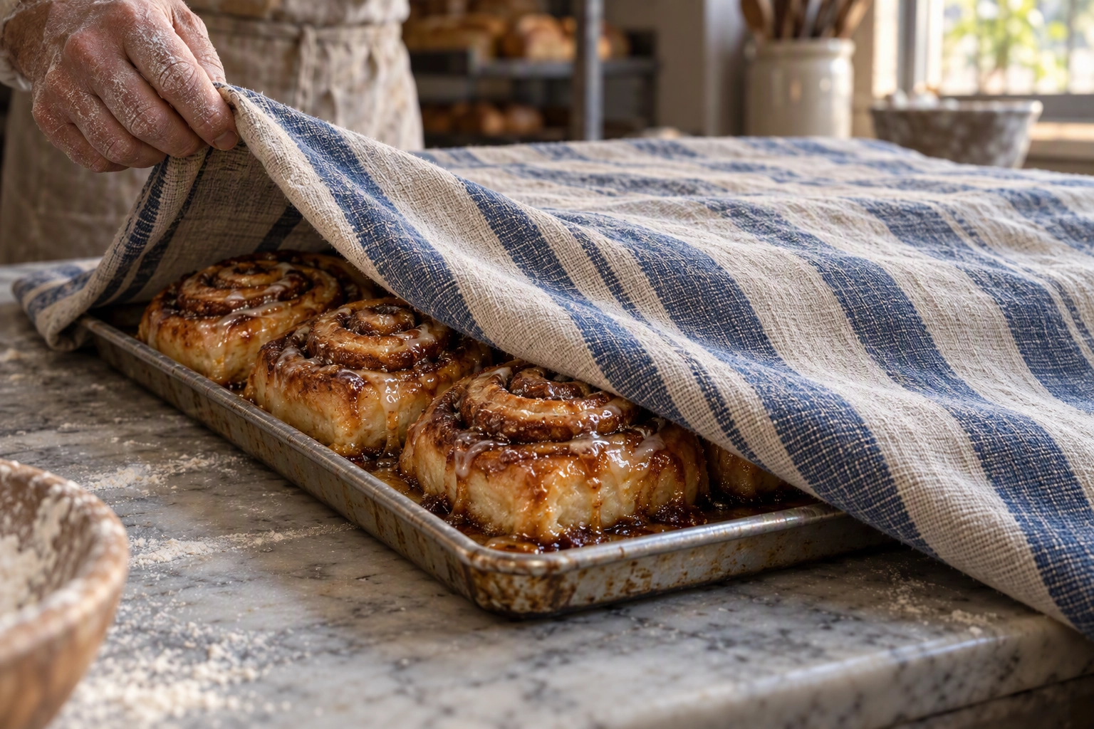 Striped tea towel draped over a tray of cinnamon buns with one corner lifted, like a pop-up hiding a bakery website's food