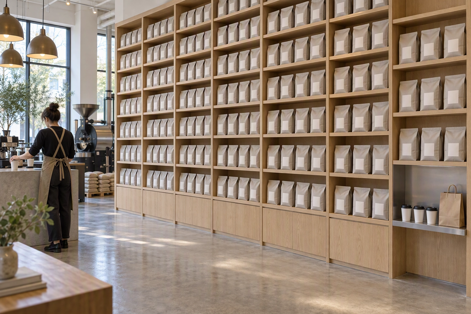 Small order-ahead pickup shelf with three lidded cups dwarfed by a wall of retail bean bags in a coffee roastery
