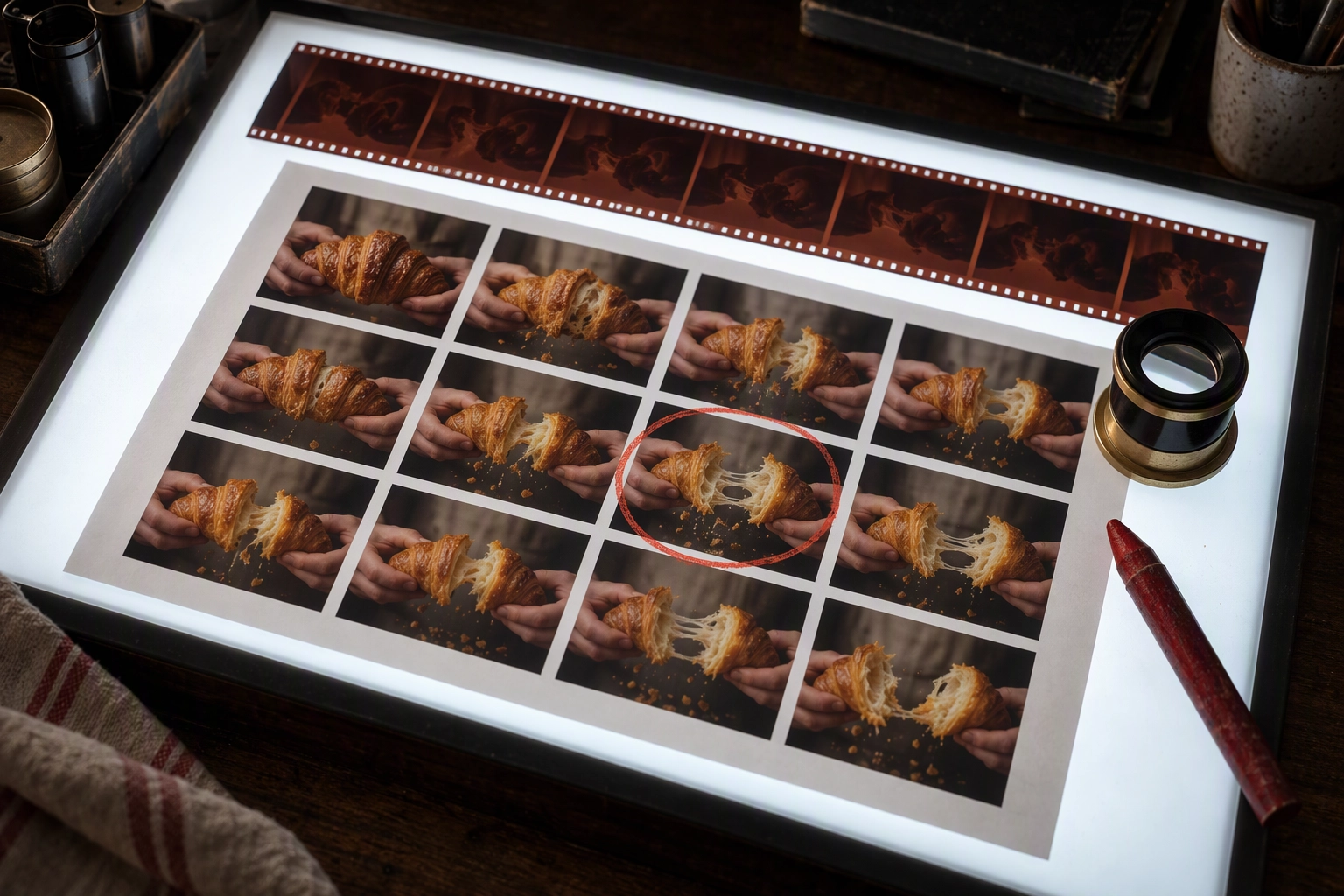 Film contact sheet of a croissant being torn on a lightbox, one frame circled as the poster image for a video hero