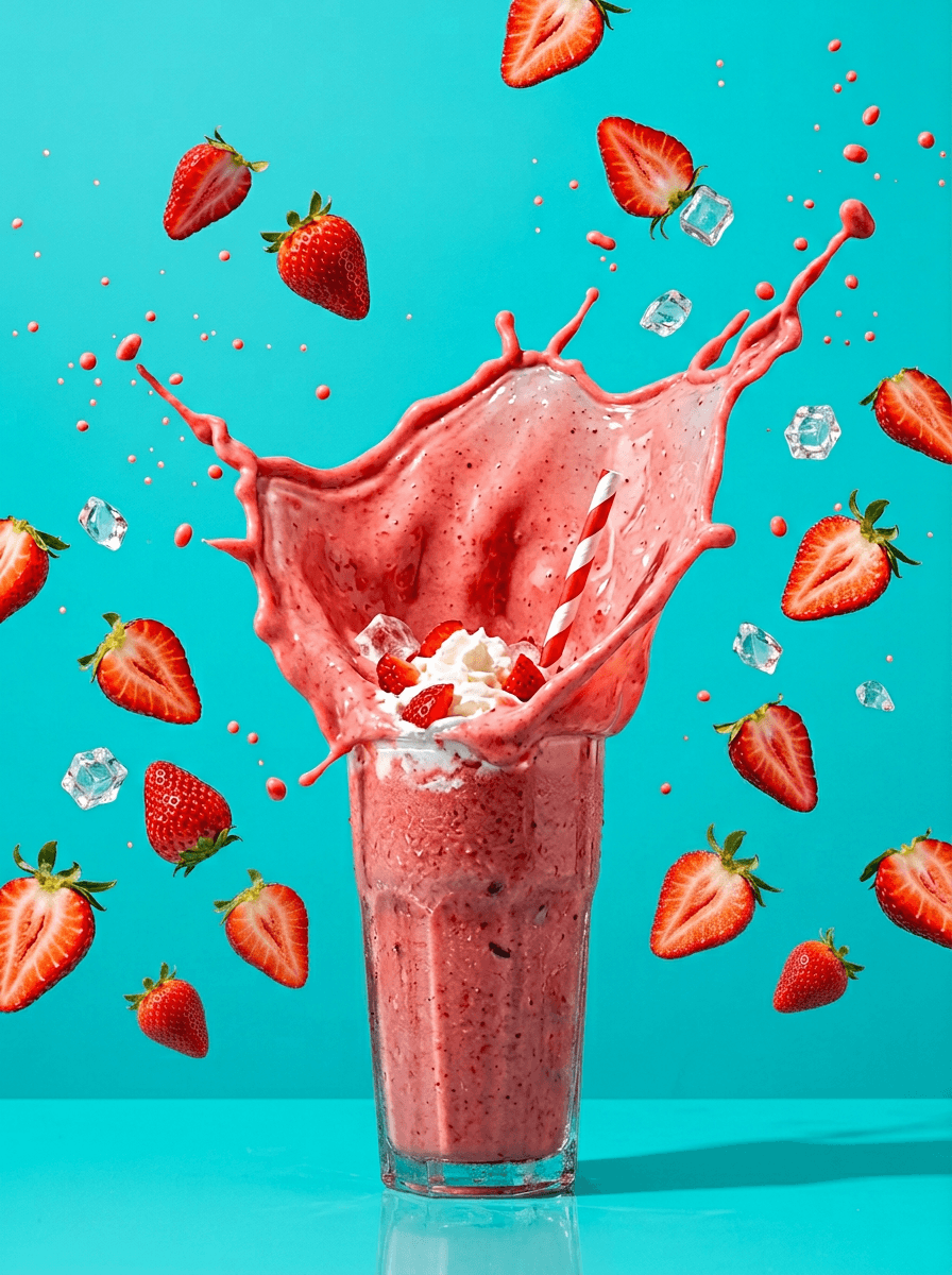 Bold graphic commercial food photography of strawberry milkshake splash against turquoise background