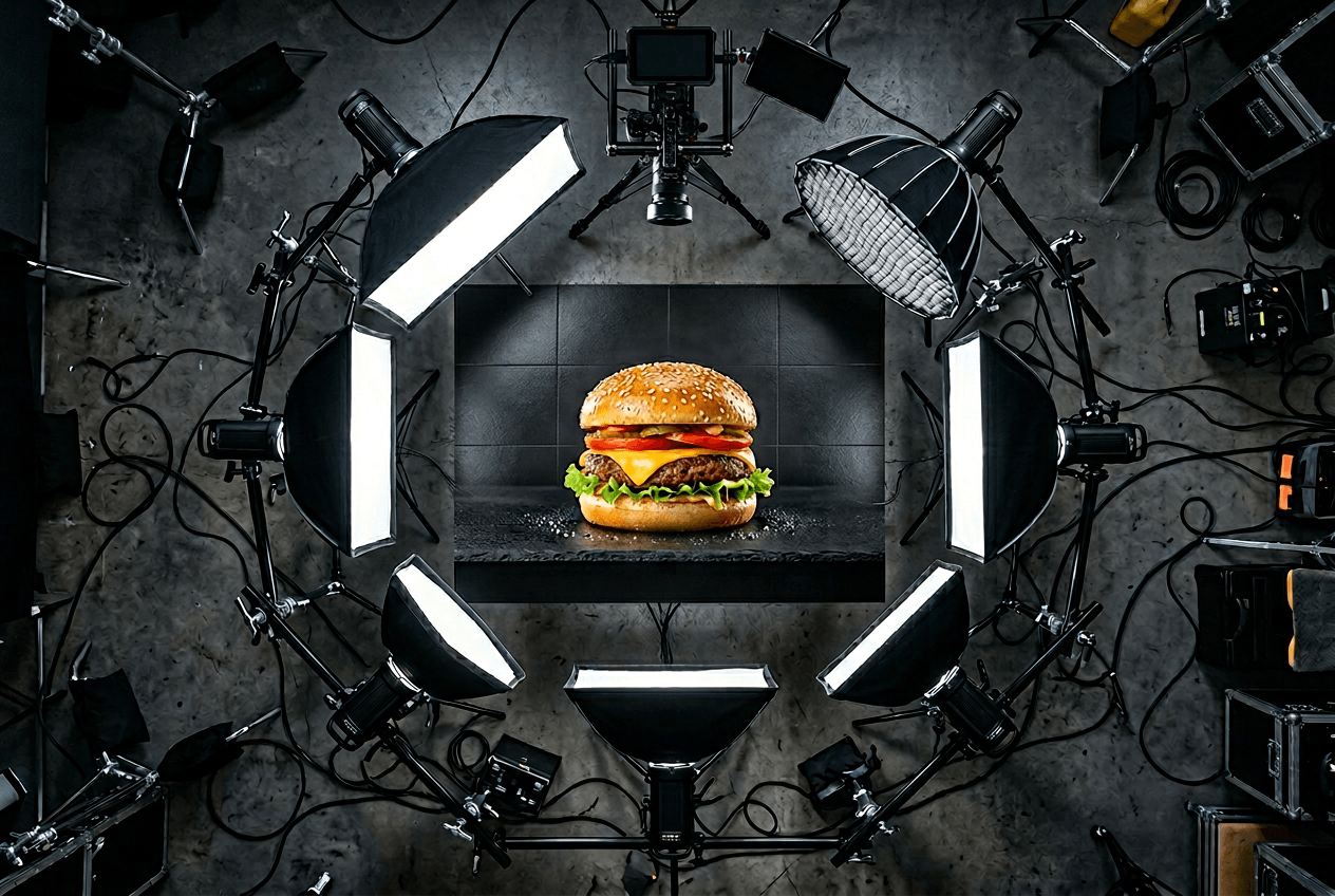 Commercial food photography studio setup with dramatic lighting for advertising burger shoot