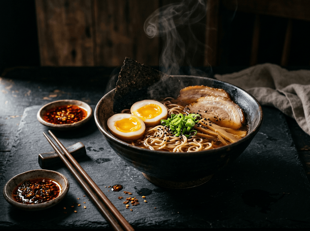 Dark moody food photography style showing ramen bowl with dramatic directional lighting