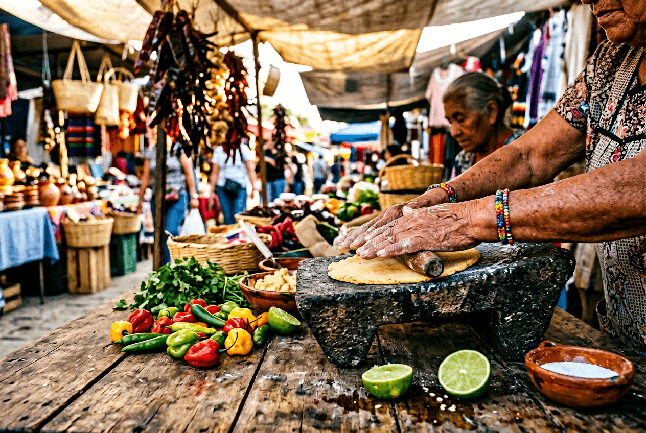 Documentary food photography capturing hands making tortillas at a traditional Mexican market