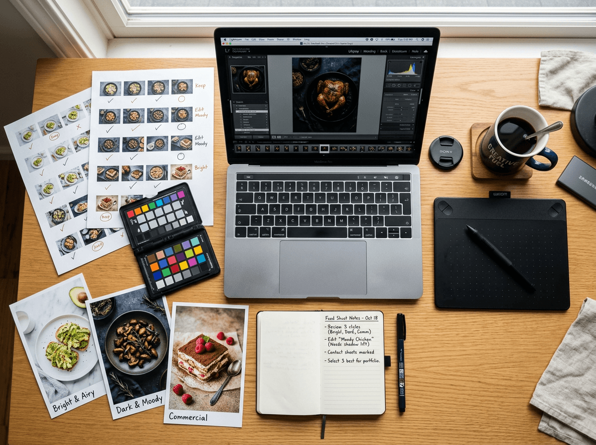 Overhead view of food photographer workspace with printed photos, laptop, and editing tools