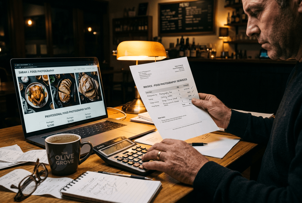 Restaurant owner reviewing food photography costs and pricing invoices at desk
