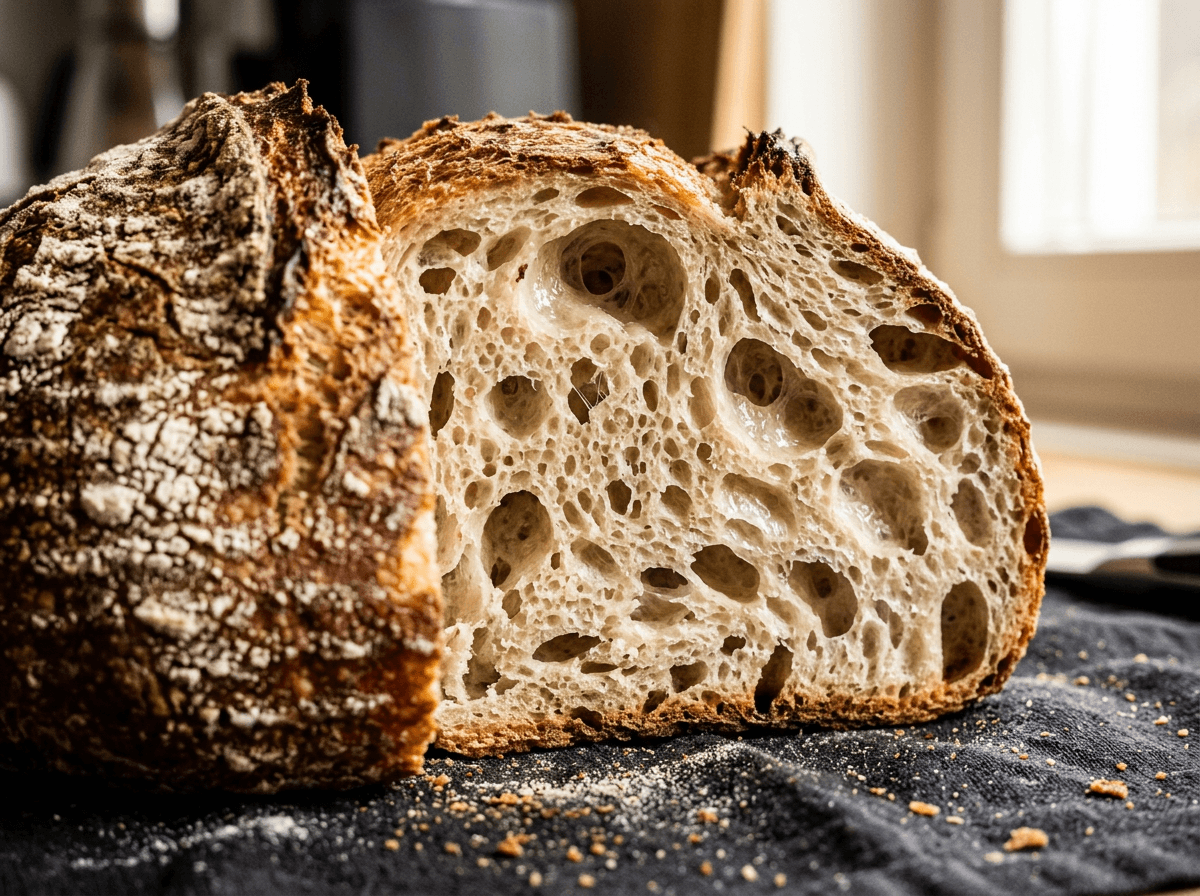 Close-up macro food photography of artisan sourdough bread showing detailed texture and crumb structure