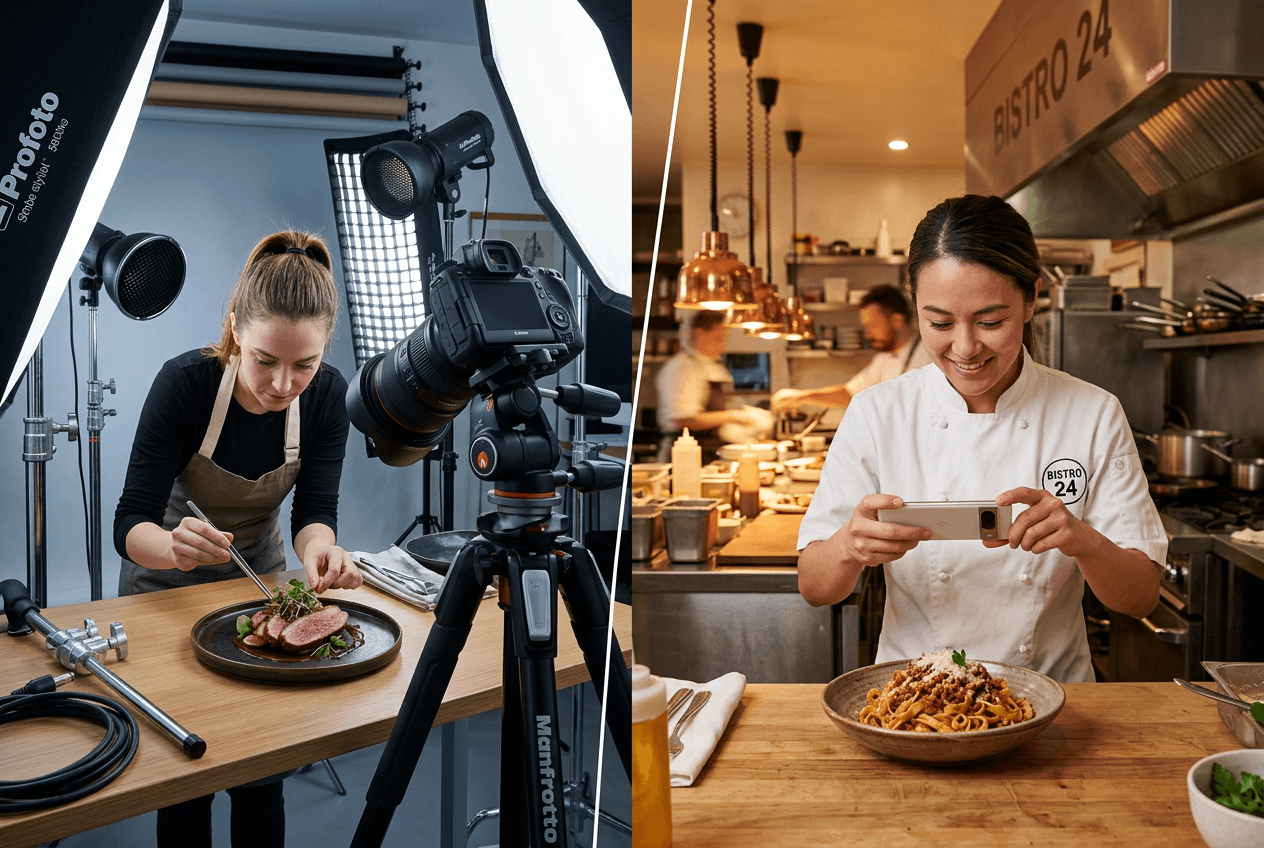 Split comparison of professional food photography studio versus quick smartphone photo in restaurant kitchen