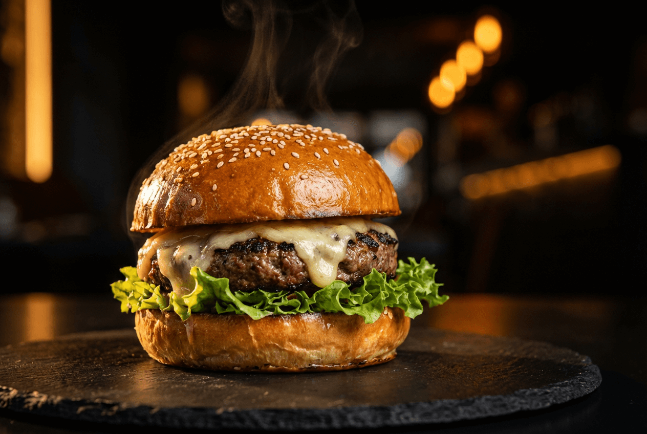 AI-enhanced food photography showing a gourmet burger with dramatic restaurant lighting and rich colors