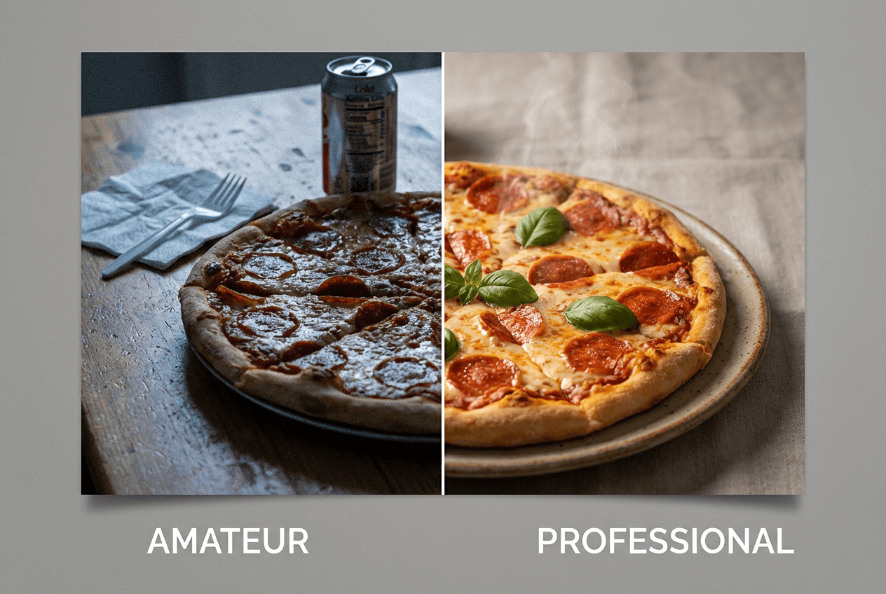 Before and after food photo comparison showing amateur vs professionally edited pizza photography with dramatic quality difference