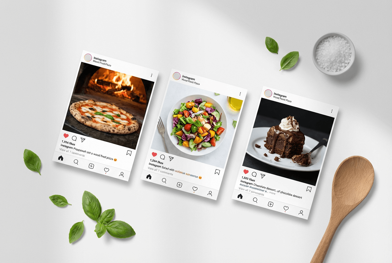 Restaurant social media marketing templates featuring food photography layouts on clean white background with styling props