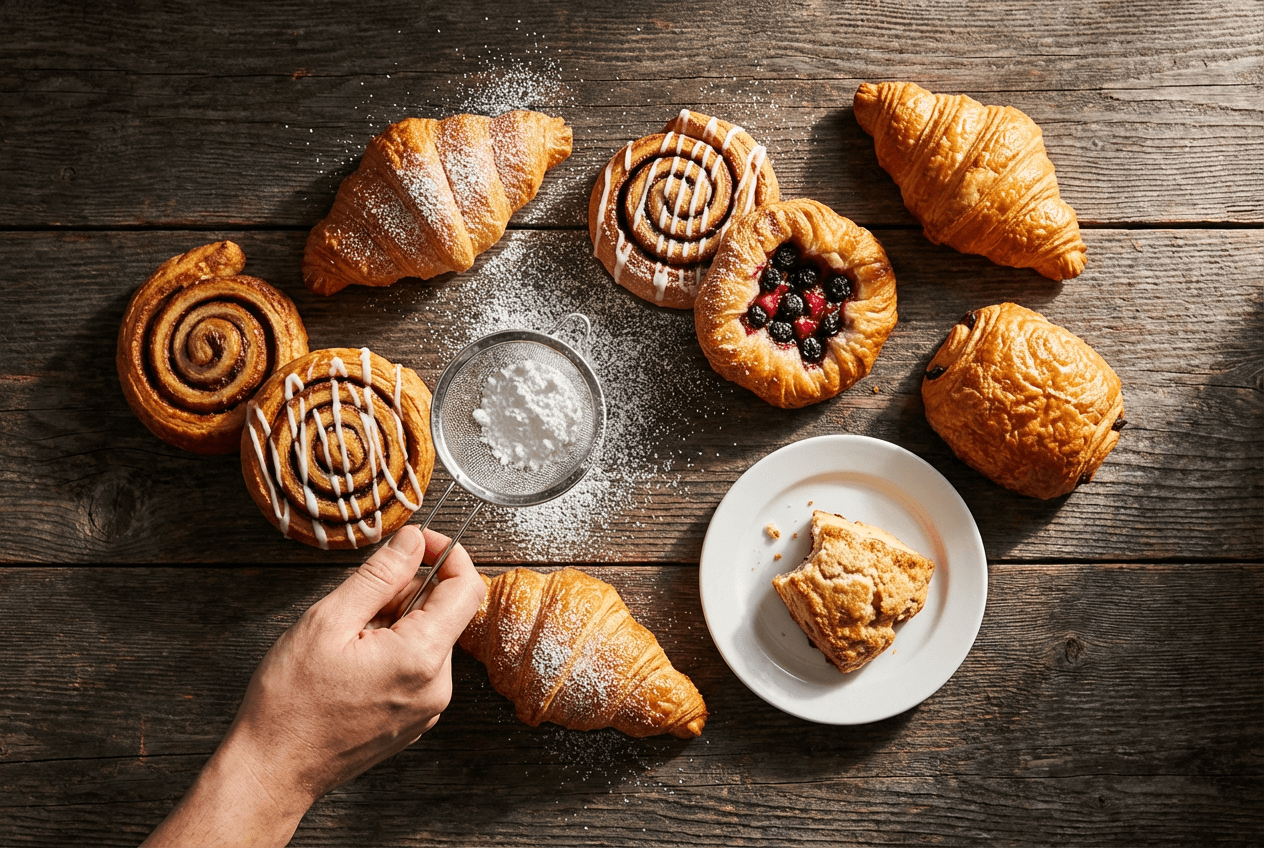 Freshly baked pastries on rustic wooden table with powdered sugar being sprinkled, demonstrating food styling for photography