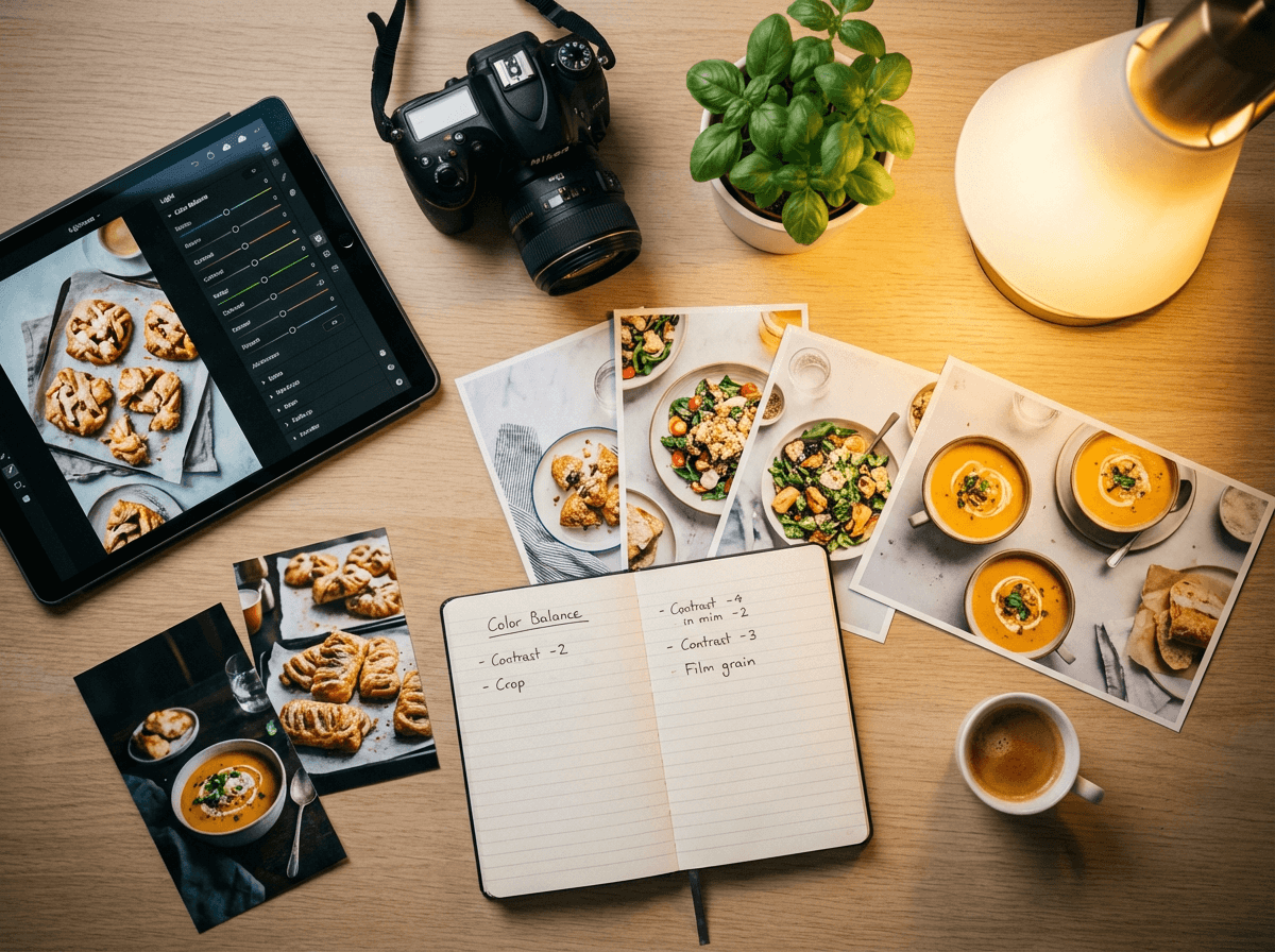 Professional food photo editing workspace with tablet, camera, and printed food photos on oak desk