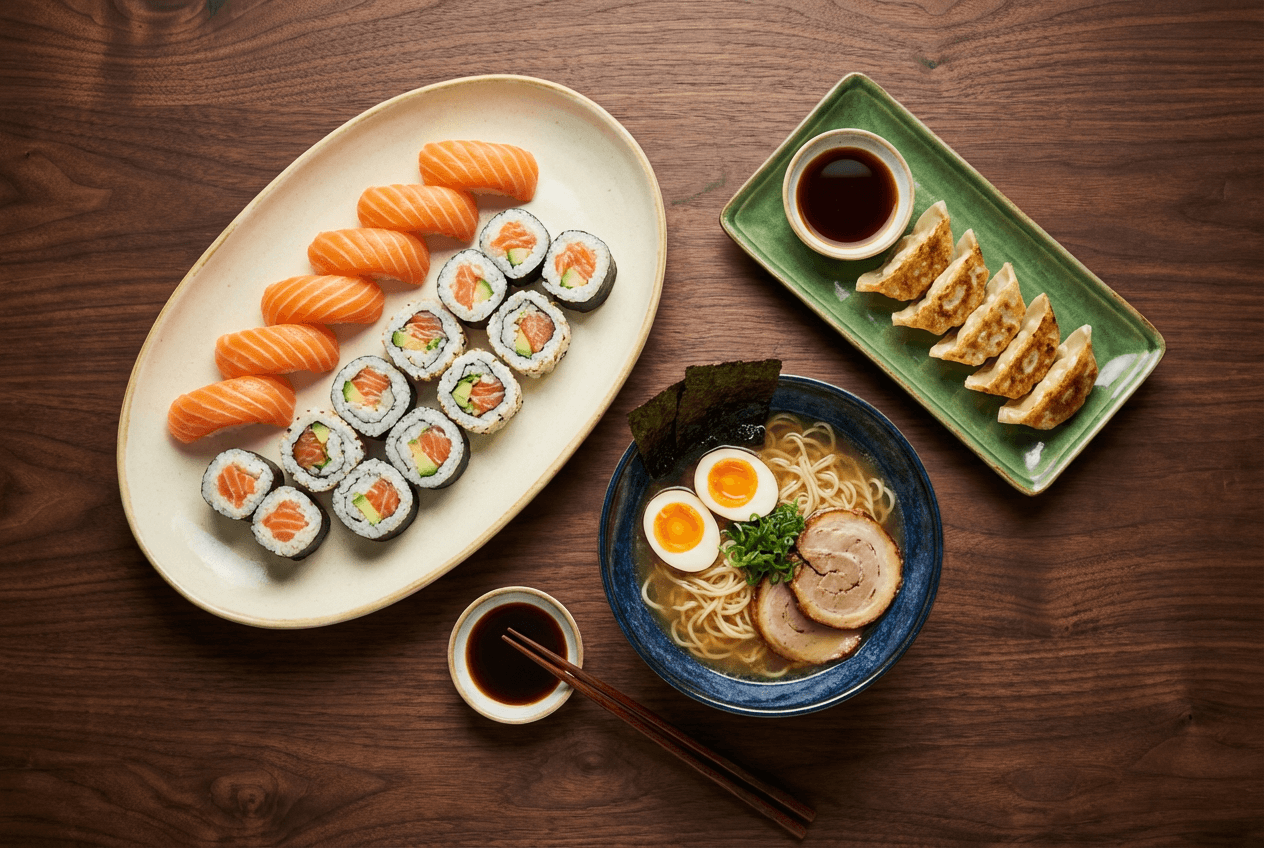 Top-down view of professionally styled Japanese restaurant dishes including sushi, ramen, and gyoza ready for menu photography