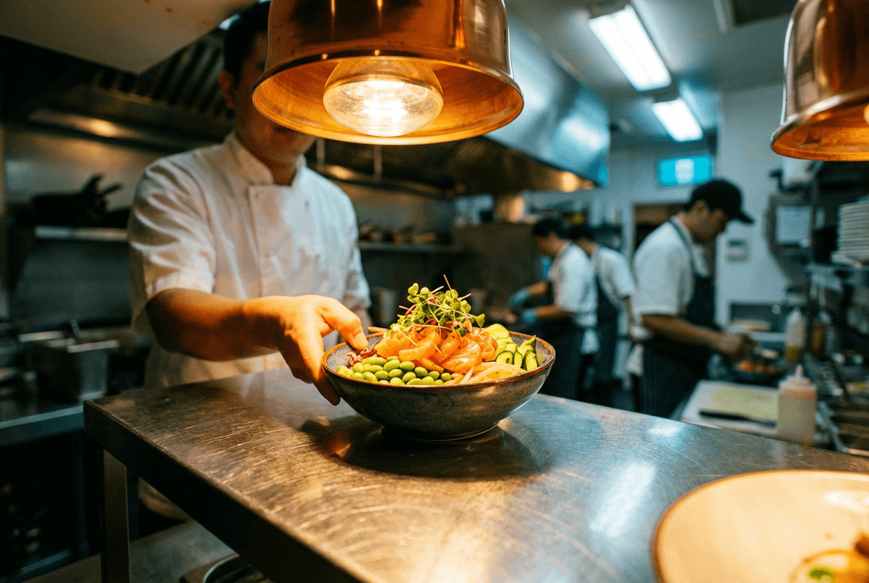 Chef placing a colorful poke bowl on restaurant kitchen pass under warm lighting, representing professional food photography scenarios