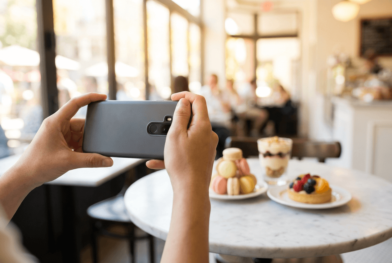 Photographer composing a food photo with smartphone of colorful desserts on marble cafe table with natural light