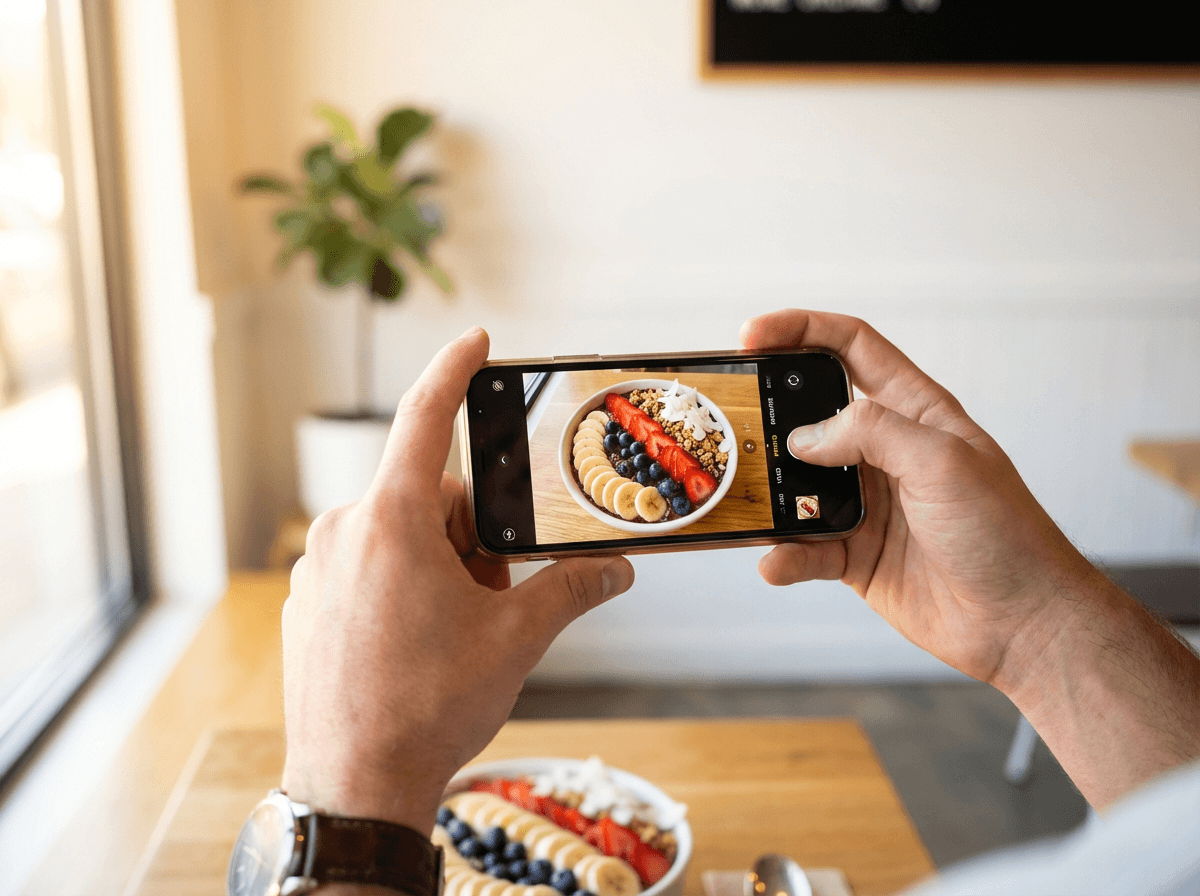 Hands holding smartphone above colorful acai bowl in bright cafe, capturing the perfect food photo from overhead angle