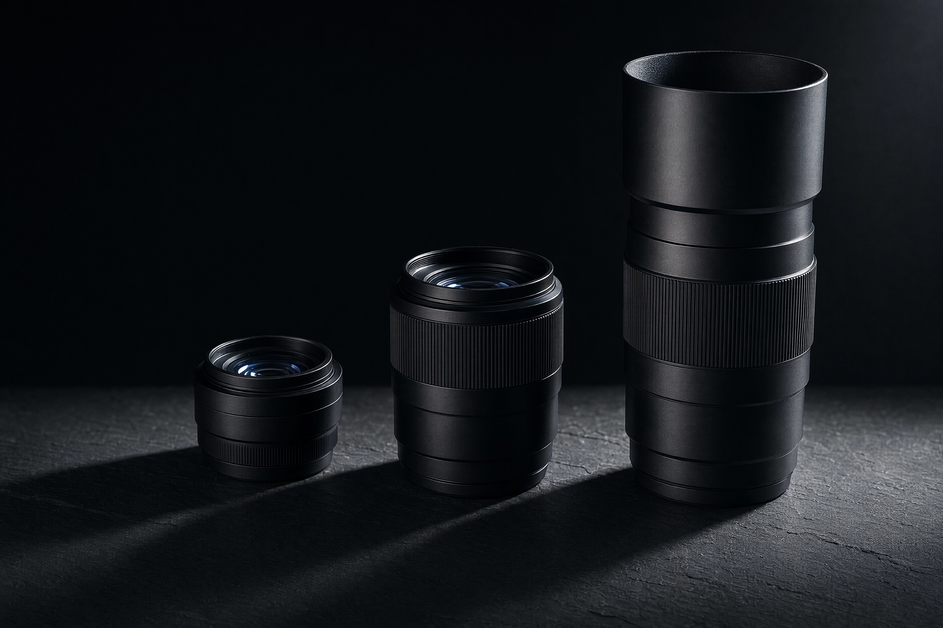 Three unbranded camera lenses of increasing size on dark slate representing food photography lens budget tiers