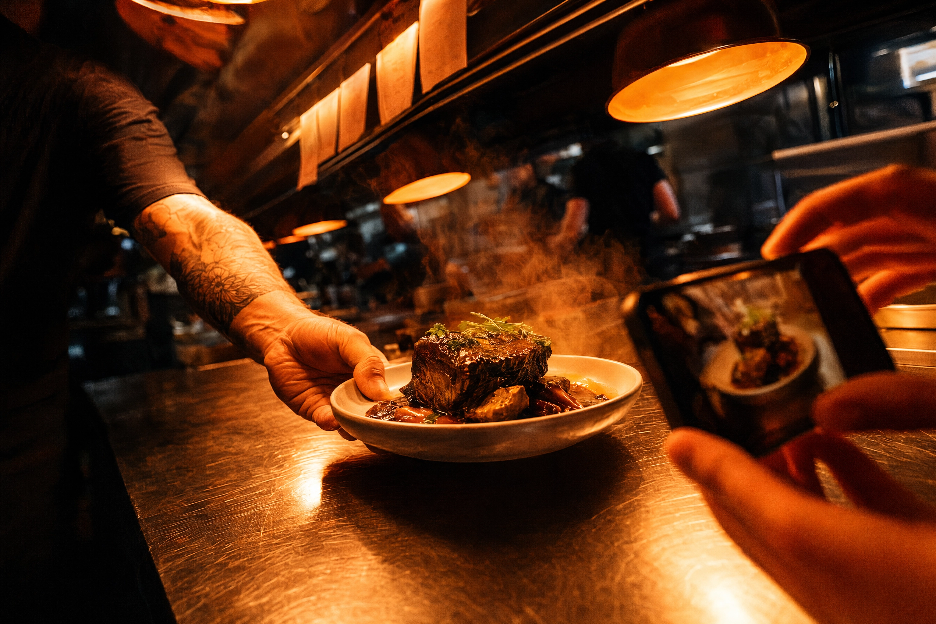 Chef plating short rib at the kitchen pass under heat lamps while a phone captures a quick shot during service
