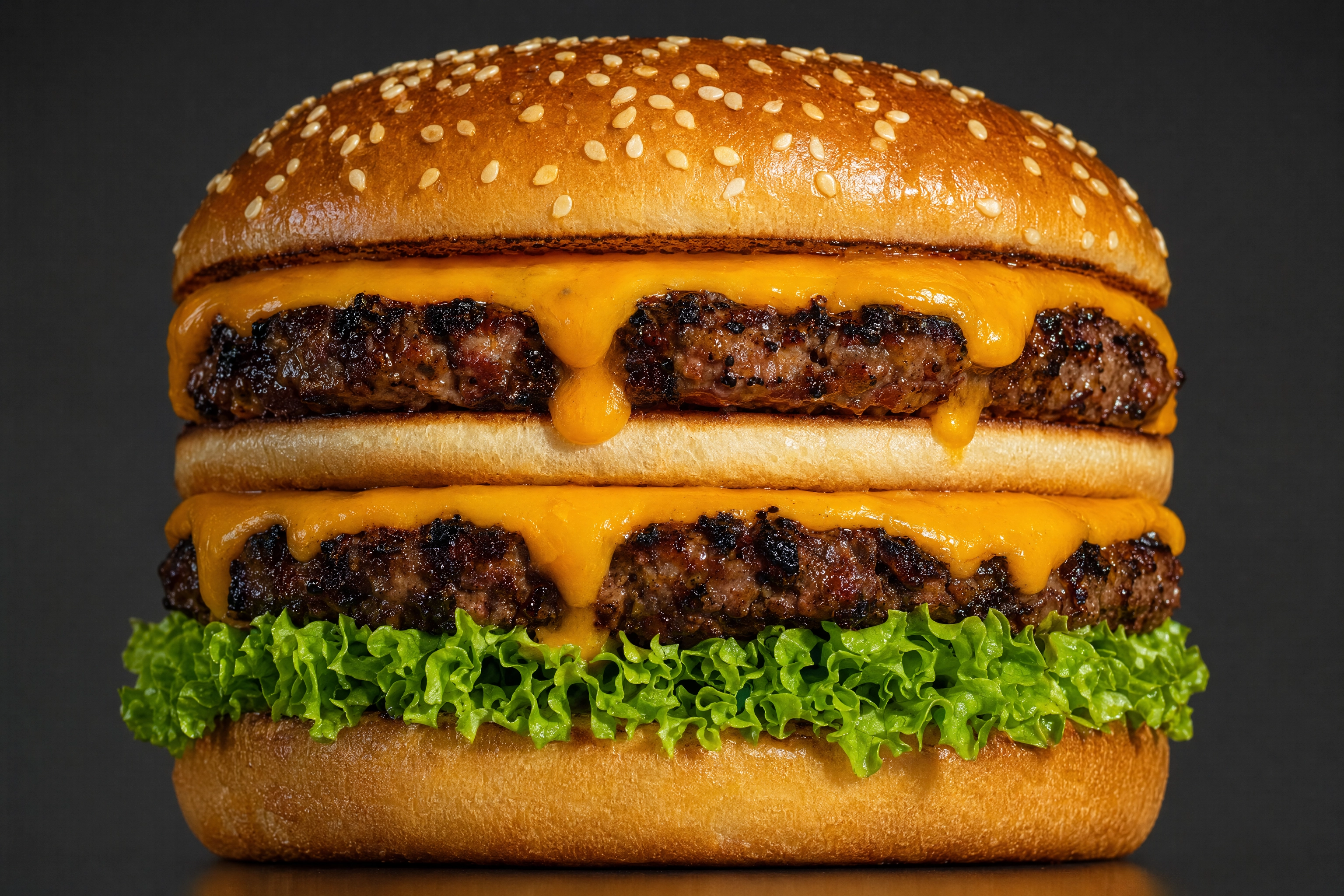 Straight-on telephoto shot of a stacked cheeseburger showing lens compression flattening layers into parallel bands