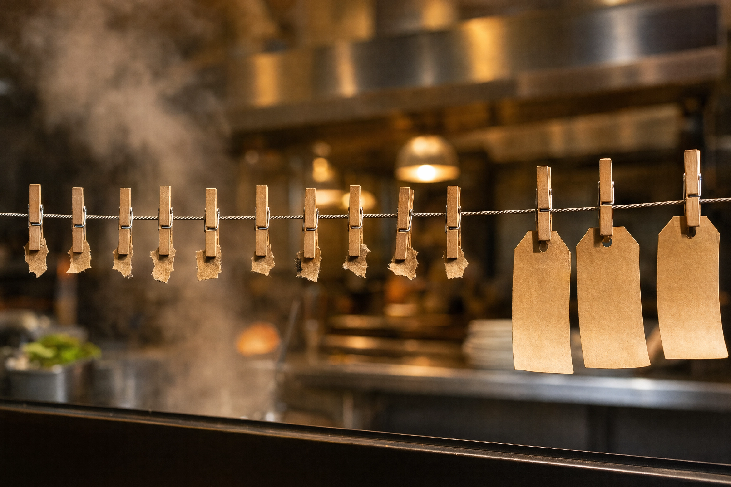 Wire of kraft tags with most torn away above a kitchen pass, the countdown mechanic behind a limited-time menu drop