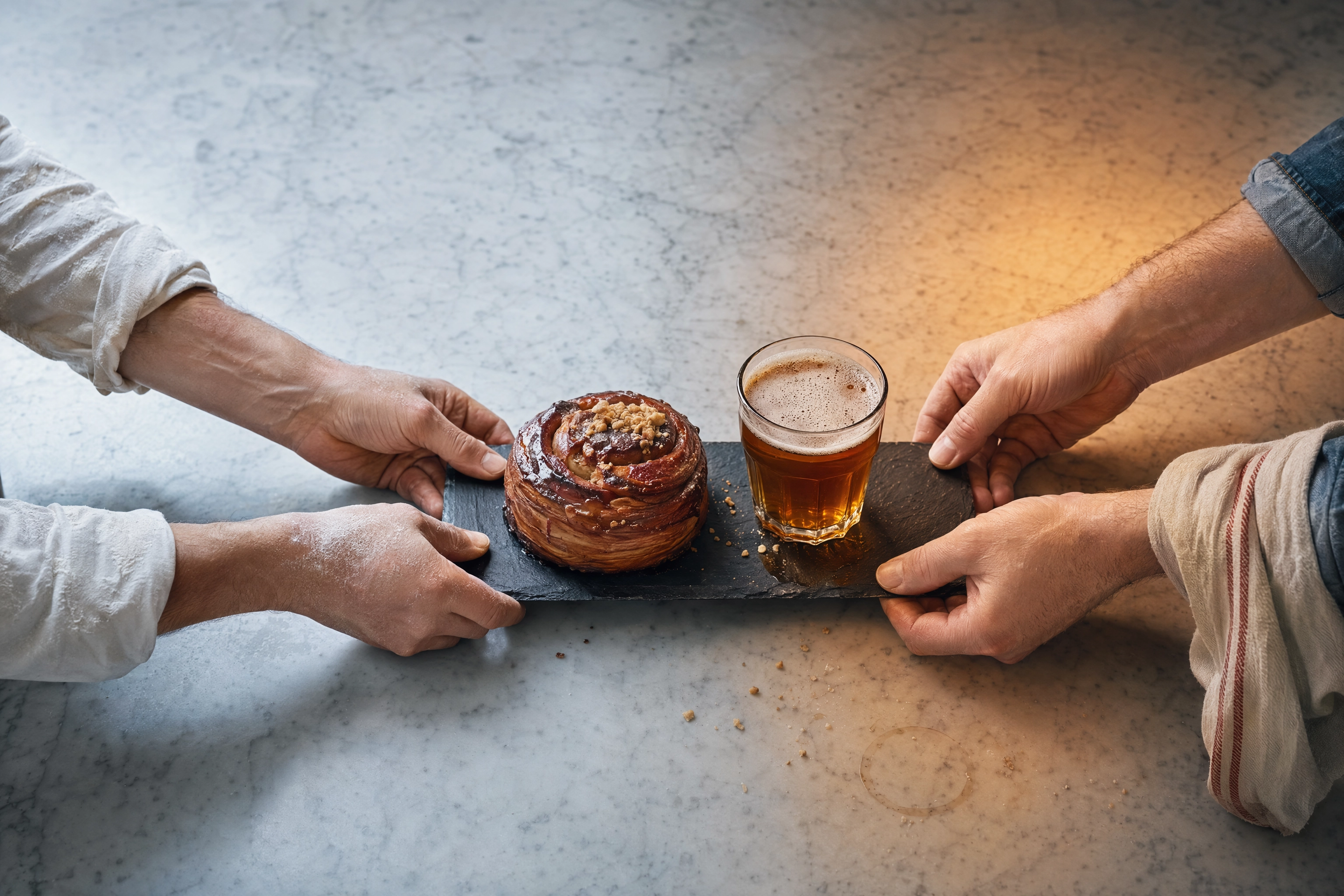 Baker and brewer hands meeting over one slate board holding a pastry and a beer, a local restaurant collaboration campaign