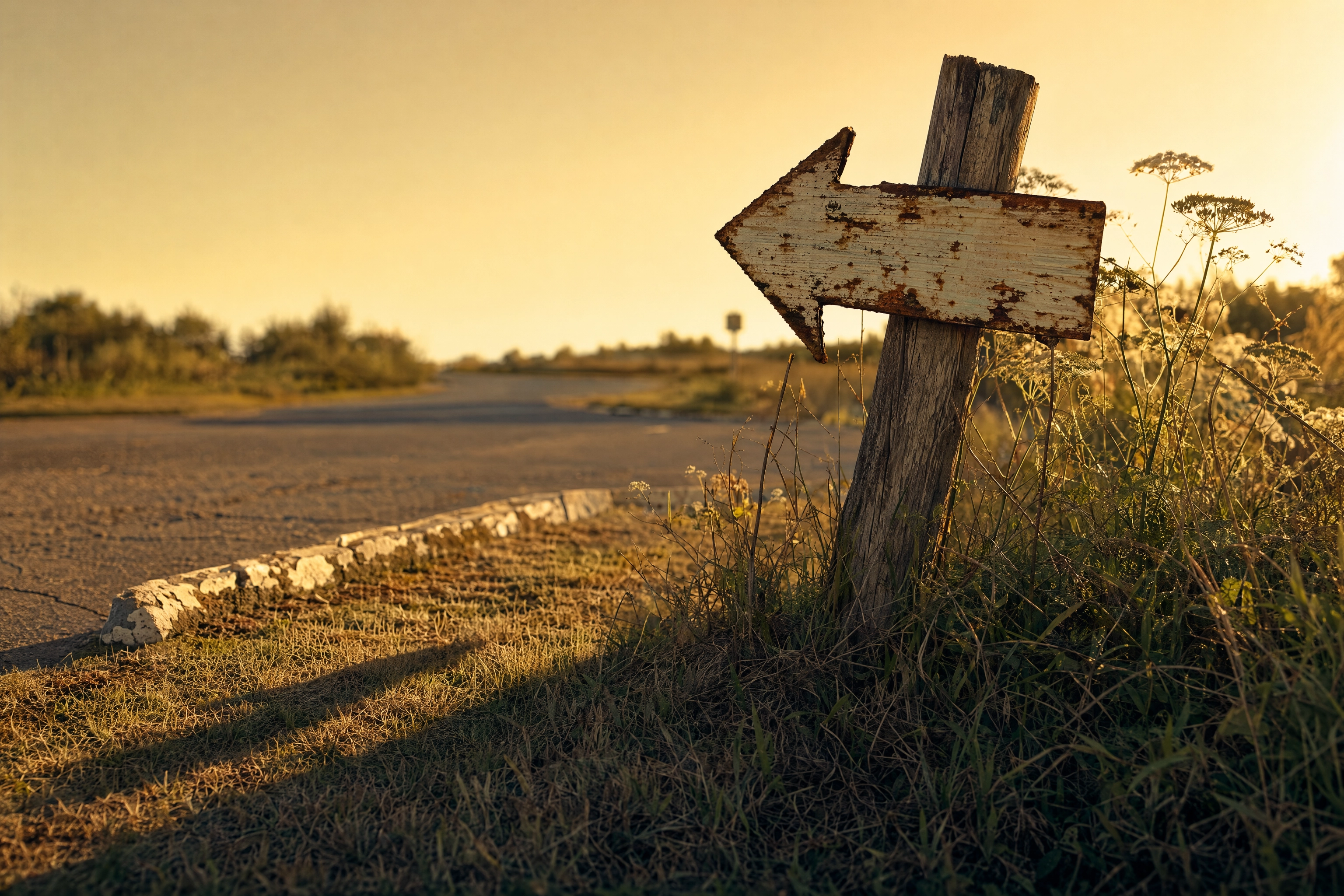 Hand-painted metal arrow sign on a fence post at a crossroads in golden light, low-cost out-of-home restaurant advertising