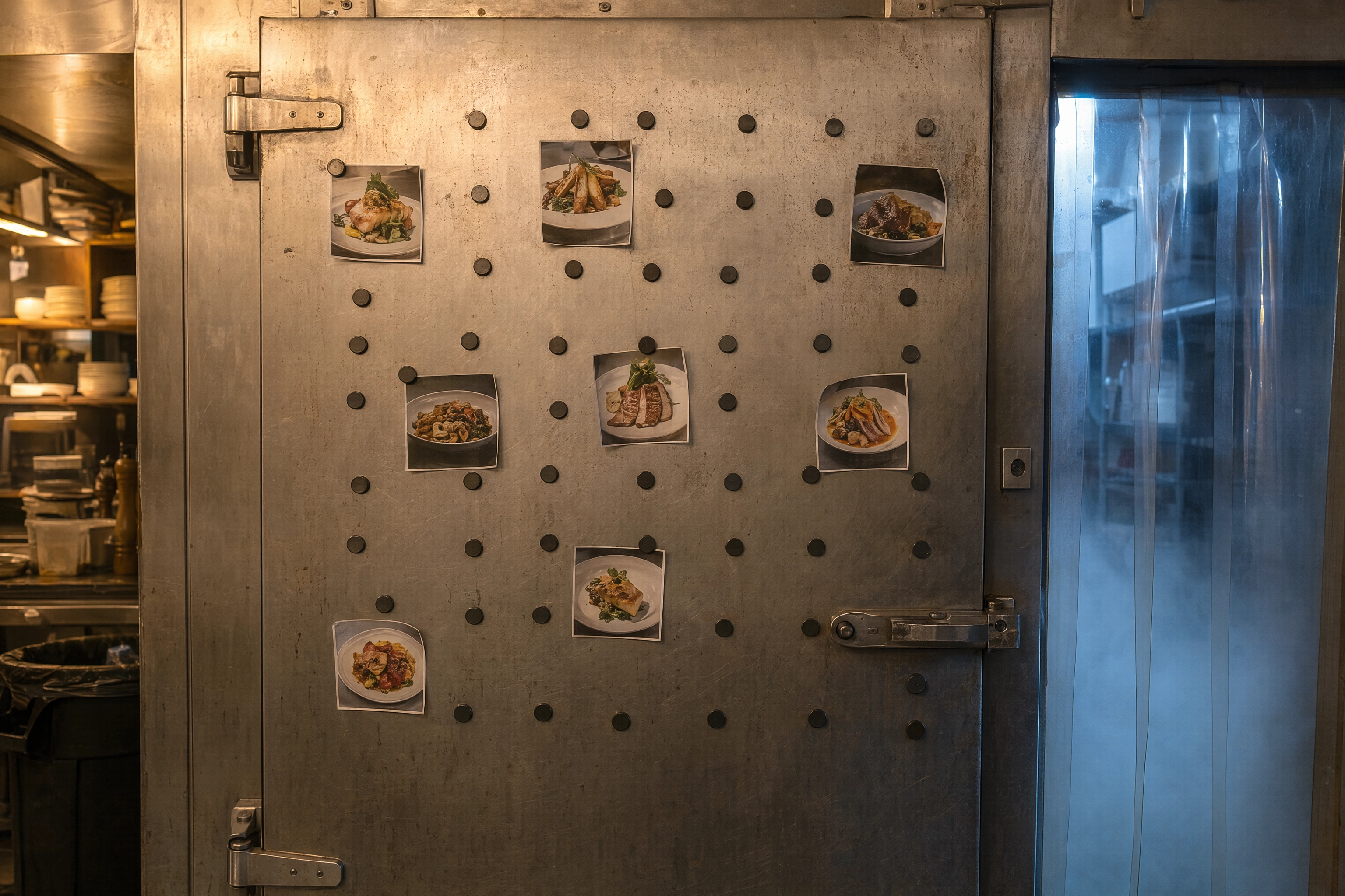 Walk-in cooler door with a grid of magnets holding only eight dish photos and many empty, a restaurant running out of imagery