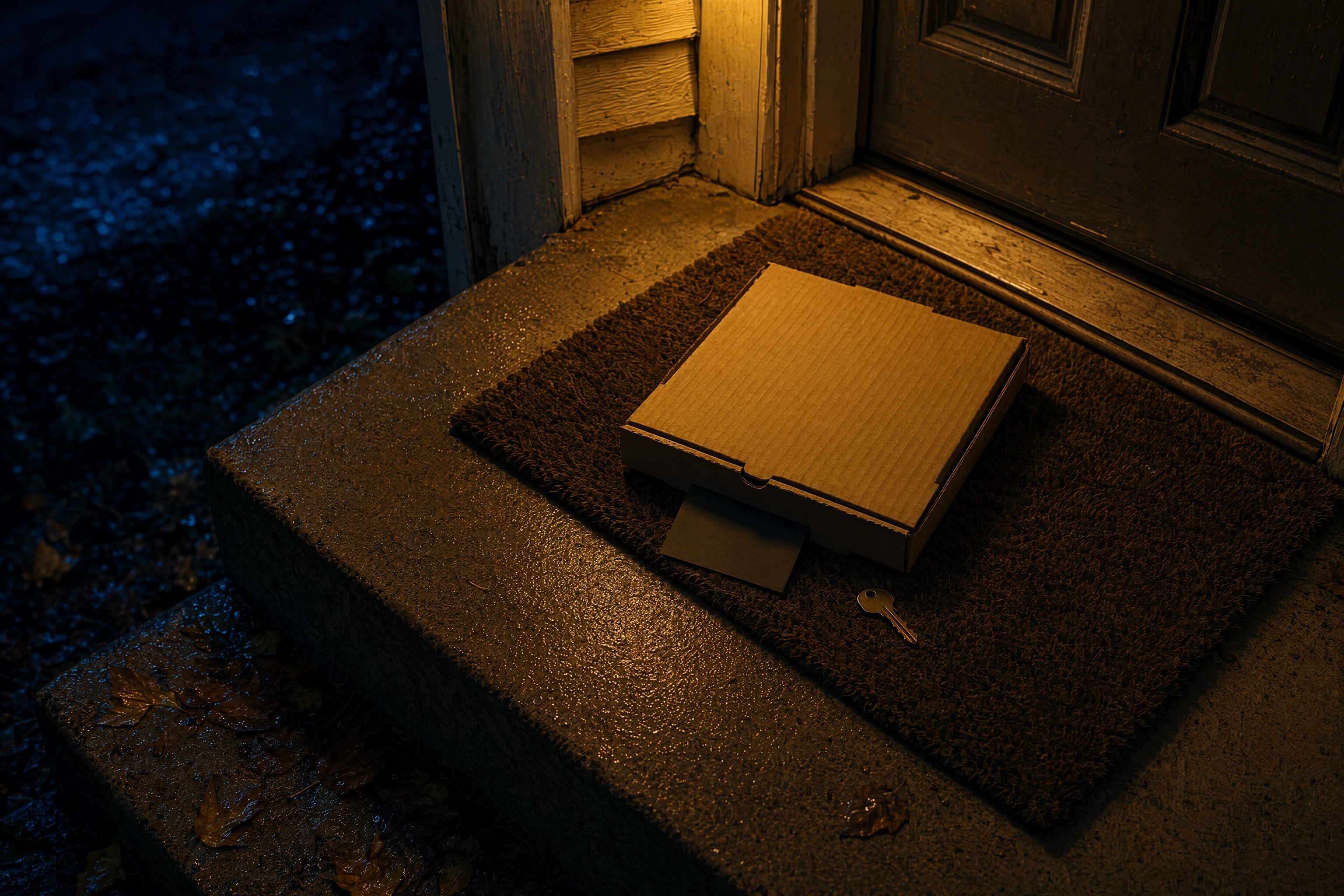 Pizza box and blank reward card on a rainy doorstep at night, the banked free item behind a restaurant loyalty relaunch