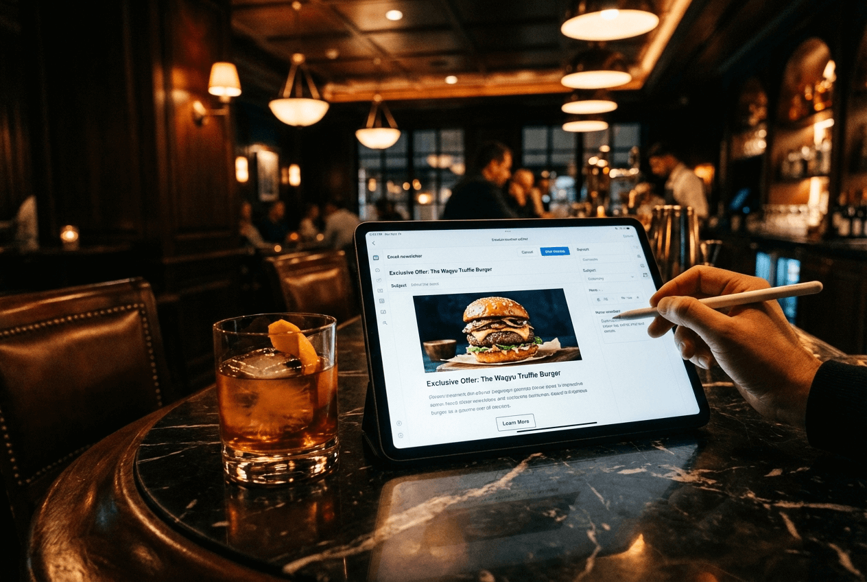 고급 바 카운터에서 칵테일 옆에 놓인 태블릿으로 레스토랑 이메일 마케팅 캠페인을 제작하는 모습