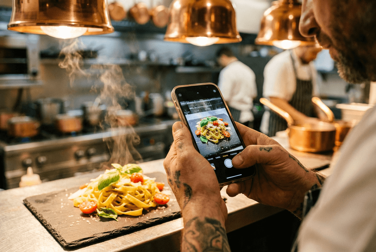 레스토랑 음식 콘텐츠 제작을 위해 스마트폰으로 플레이팅된 파스타 요리를 촬영하는 셰프