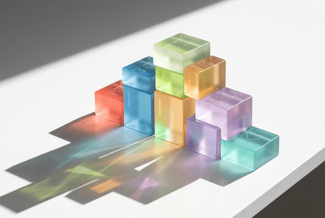 레스토랑 마케팅 기술 스택을 나타내는 계층이 올라가는 형태의 다채로운 빌딩 블록