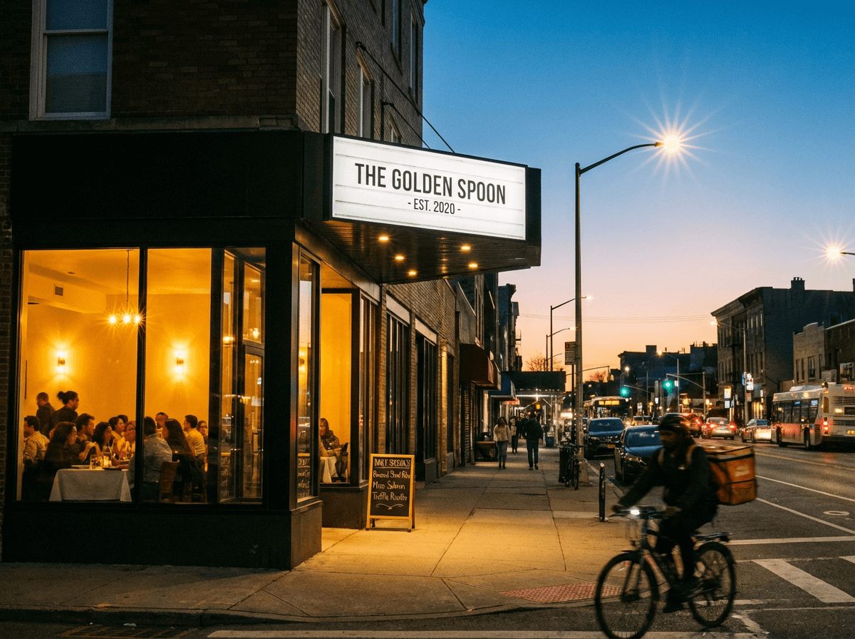 해질녘 만석인 식당 내부와 앞을 지나가는 배달 자전거가 보이는 번성하는 레스토랑 외관