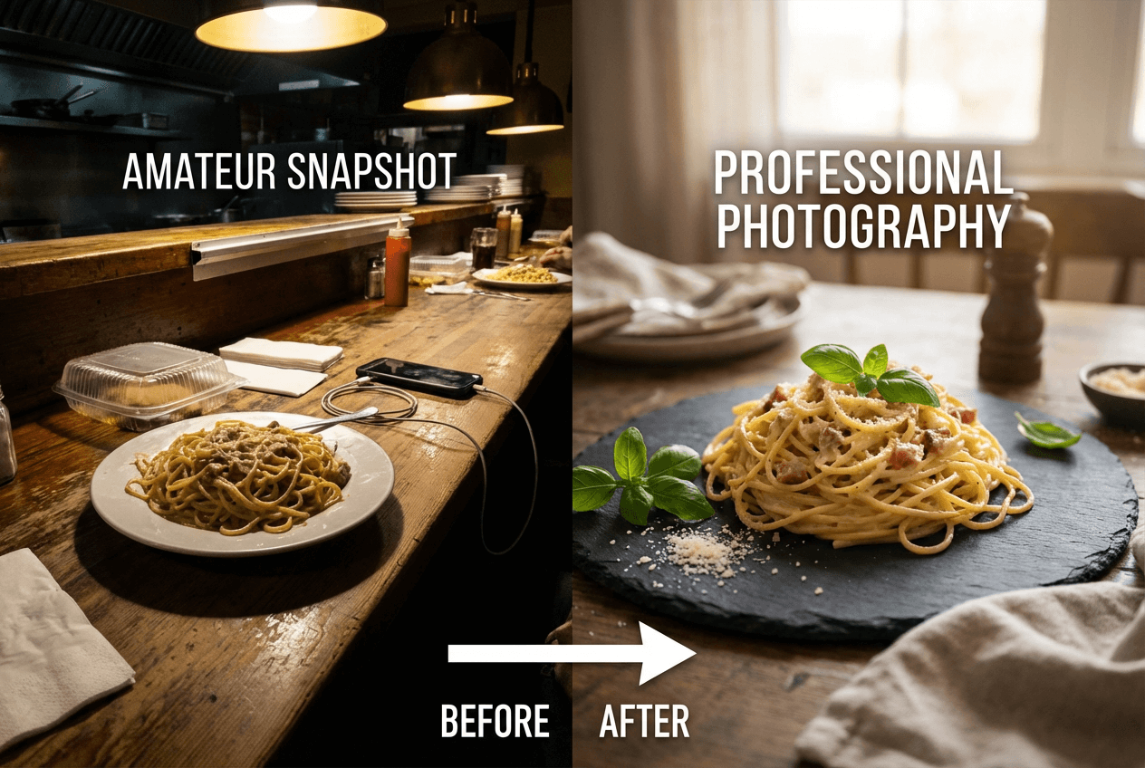Porównanie przed i po: amatorska a profesjonalna fotografia kulinarna restauracji na potrzeby social media