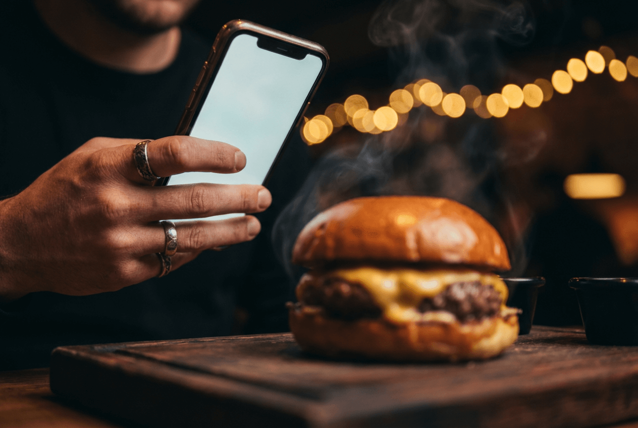 Smartfon robiący zdjęcie wykwintnego burgera na potrzeby marketingu restauracji w social media