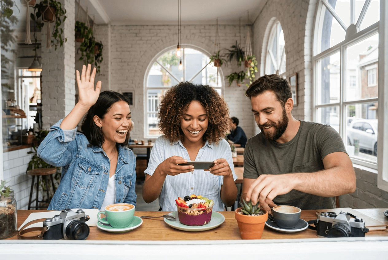 Znajomi fotografujący jedzenie w kawiarni — tworzenie treści UGC na potrzeby social media restauracji