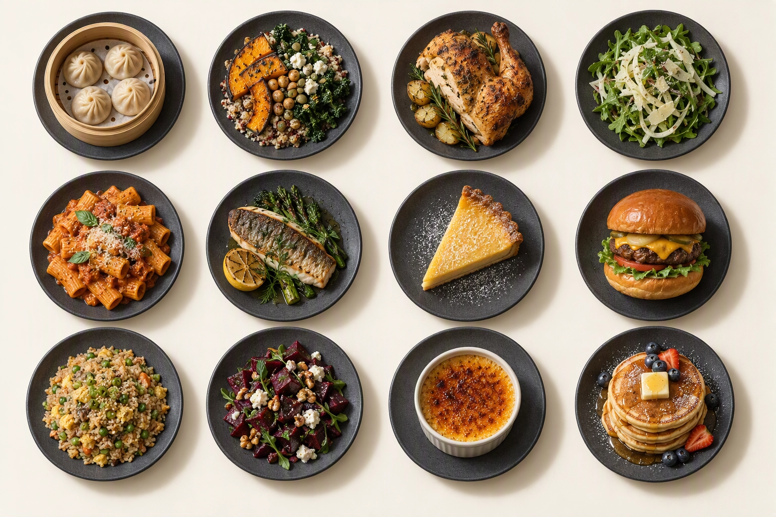 Twelve dishes on matching grey stoneware in an identical overhead grid, a consistent food photo set for a restaurant website