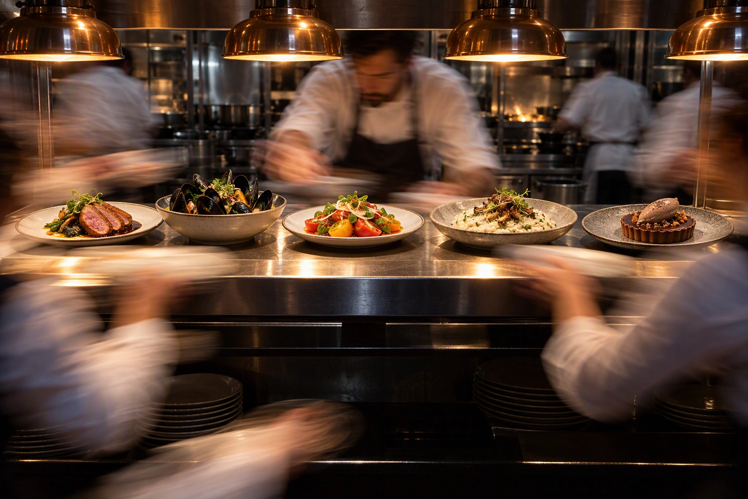 Motion-blurred servers lifting sharp, still plates from a busy kitchen pass, the speed diners expect from restaurant websites