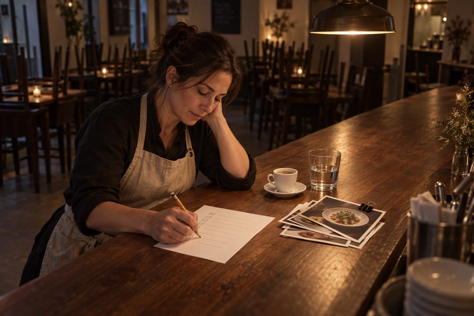 Restaurant owner ticking a printed website audit checklist at the bar after closing, chairs upturned behind her