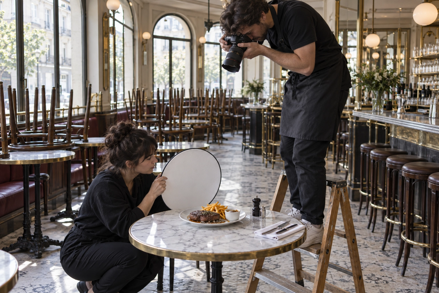 Photographer on a step ladder shooting steak au poivre overhead in an empty brasserie for a restaurant menu photo set